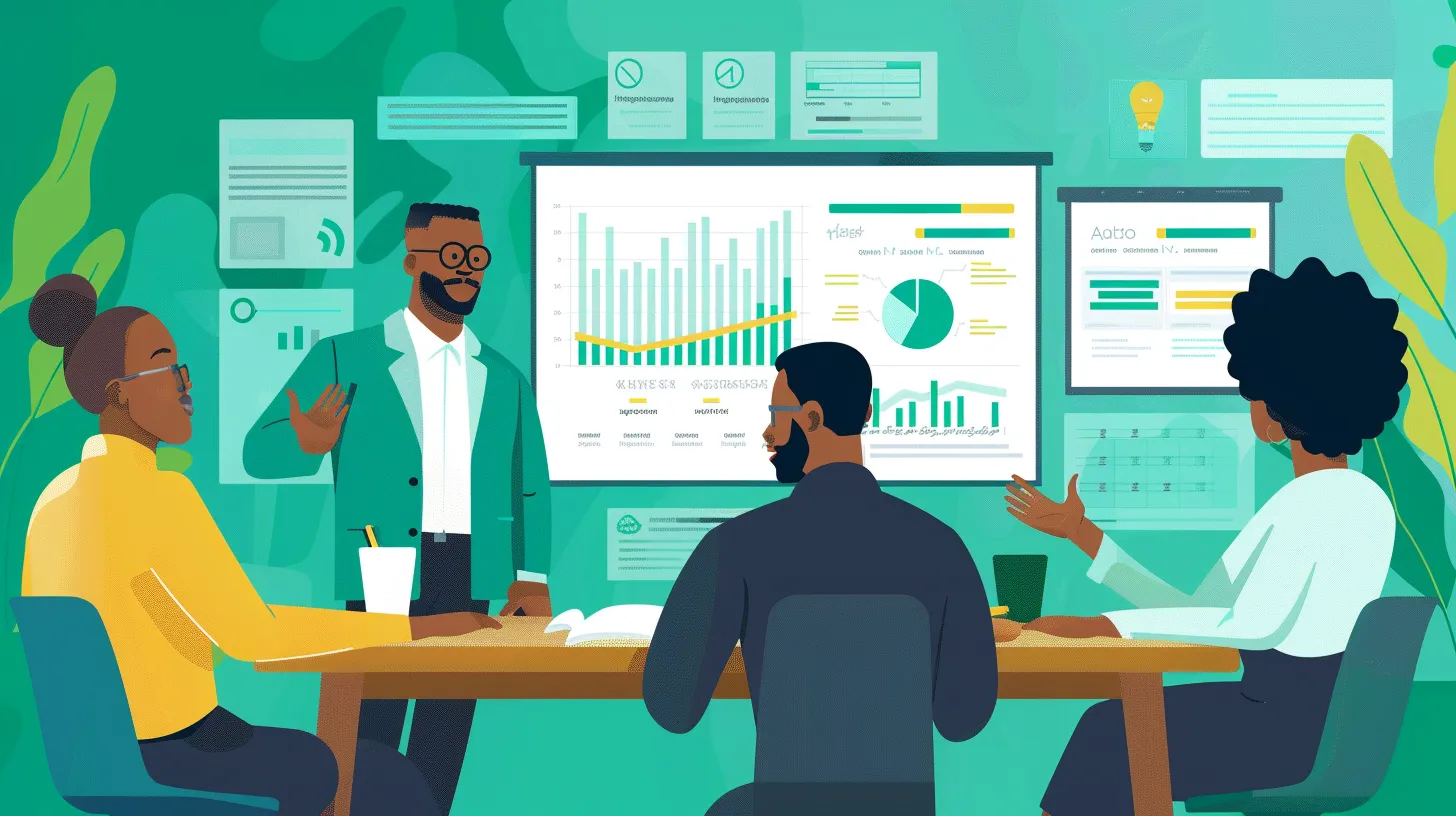 Un consultant présente un rapport climatique illustré de graphiques à une équipe réunie autour d’une table.