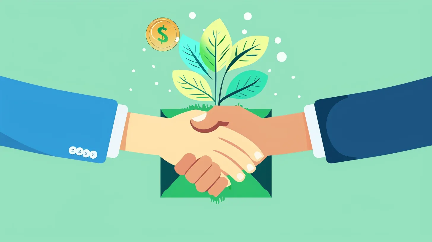 Poignée de main scellant un partenariat, avec une jeune pousse verte et une pièce, symbole de financement vert.