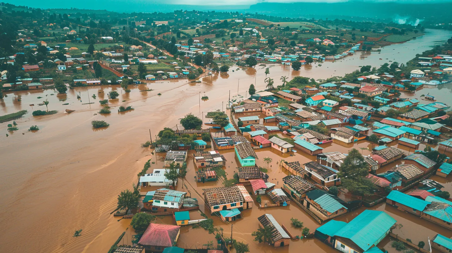Vue aérienne d’une ville camerounaise inondée par la crue d’une rivière.