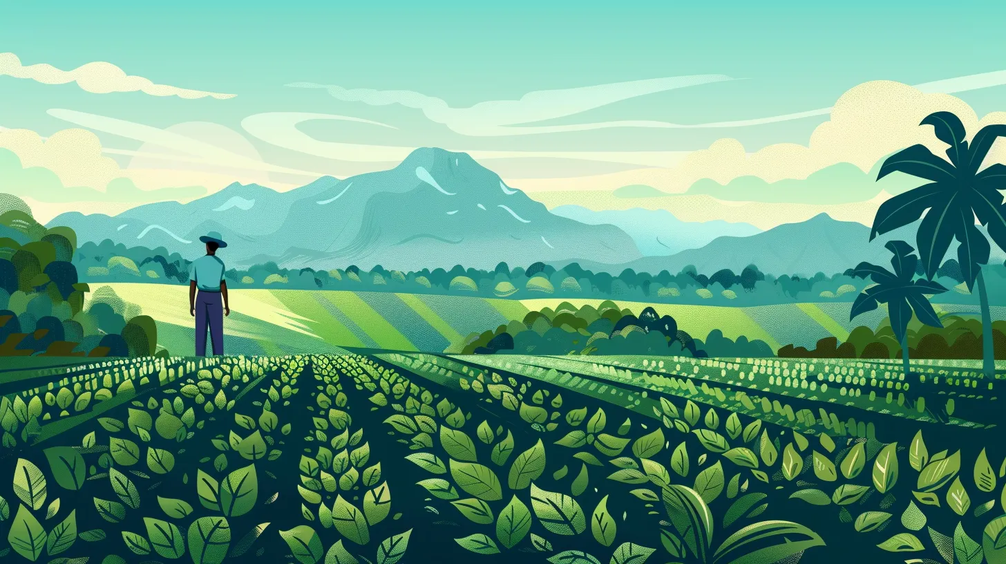 Champ agricole verdoyant au Cameroun, avec un agriculteur et des montagnes en arrière-plan.