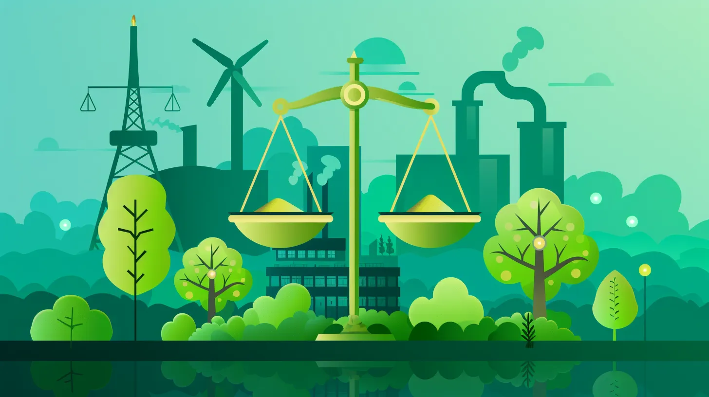 Balance mettant en équilibre les émissions d’une usine et des arbres, symbole de bilan carbone.