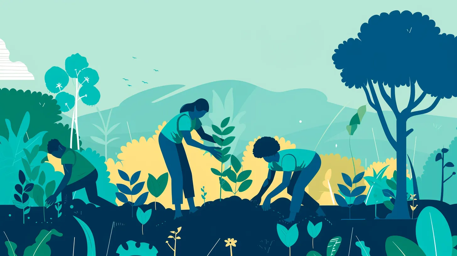Scène de reboisement : des personnes plantent de jeunes arbres dans un paysage verdoyant.